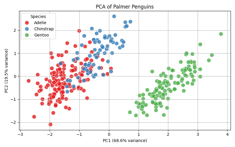 First two principal components of the Palmer penguin data set
